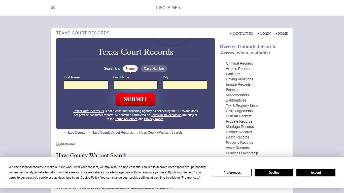 Hays County Warrant Search TexasCourtRecords.us